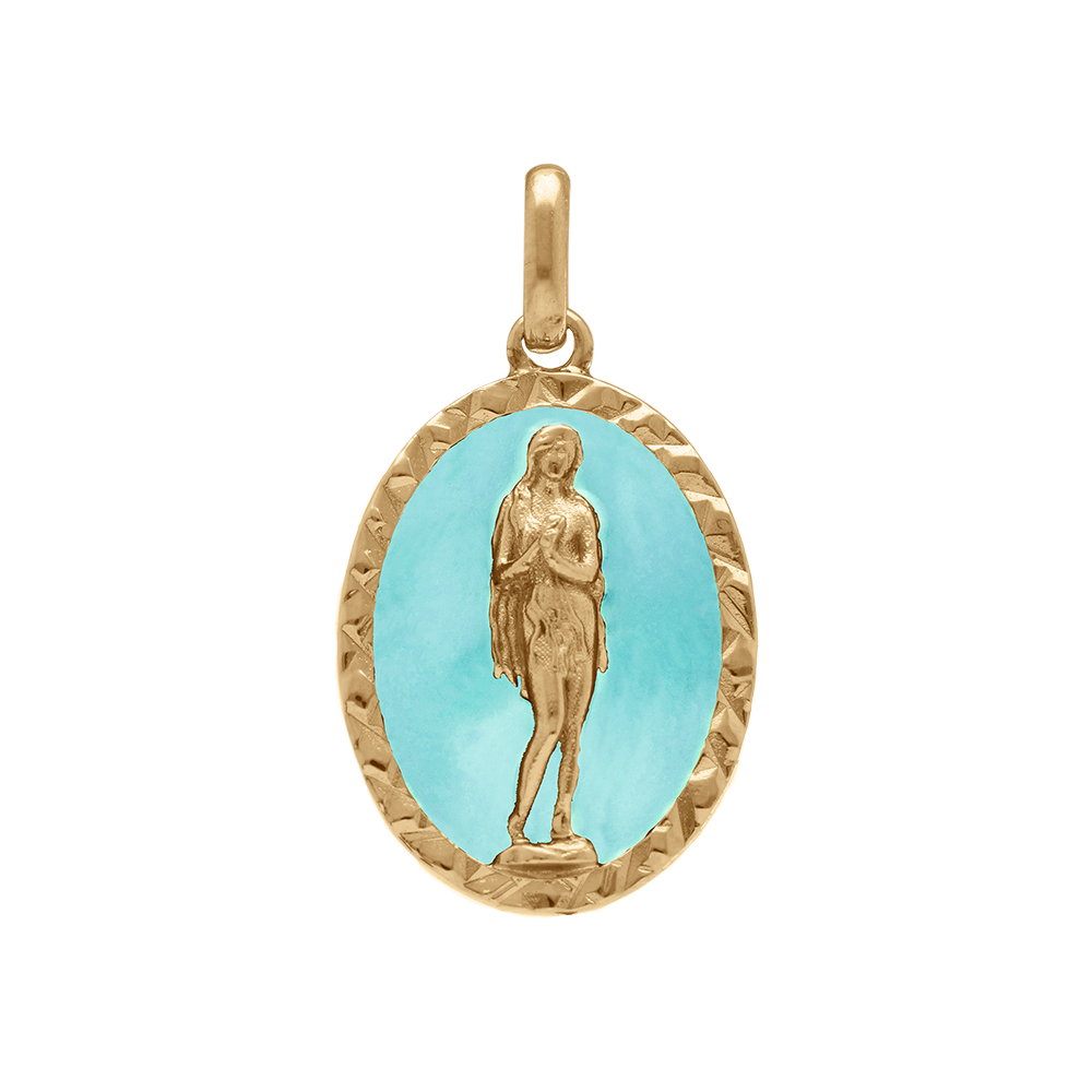 Pendentif plaqué or ovale marie madeleine 18mm x 13mm sur fond résine bleu ciel