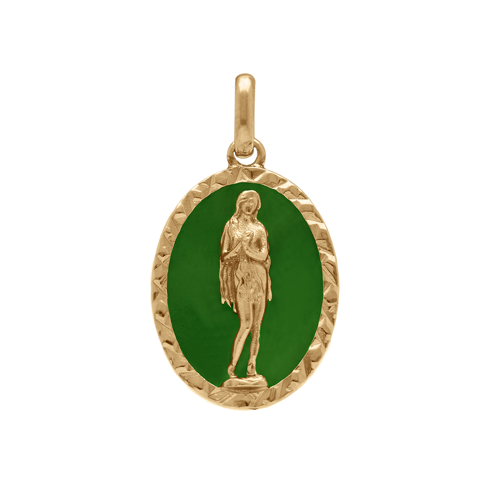 Pendentif en plaqué or ovale marie madeleine 18mm x 13mm sur fond résine vert prairie