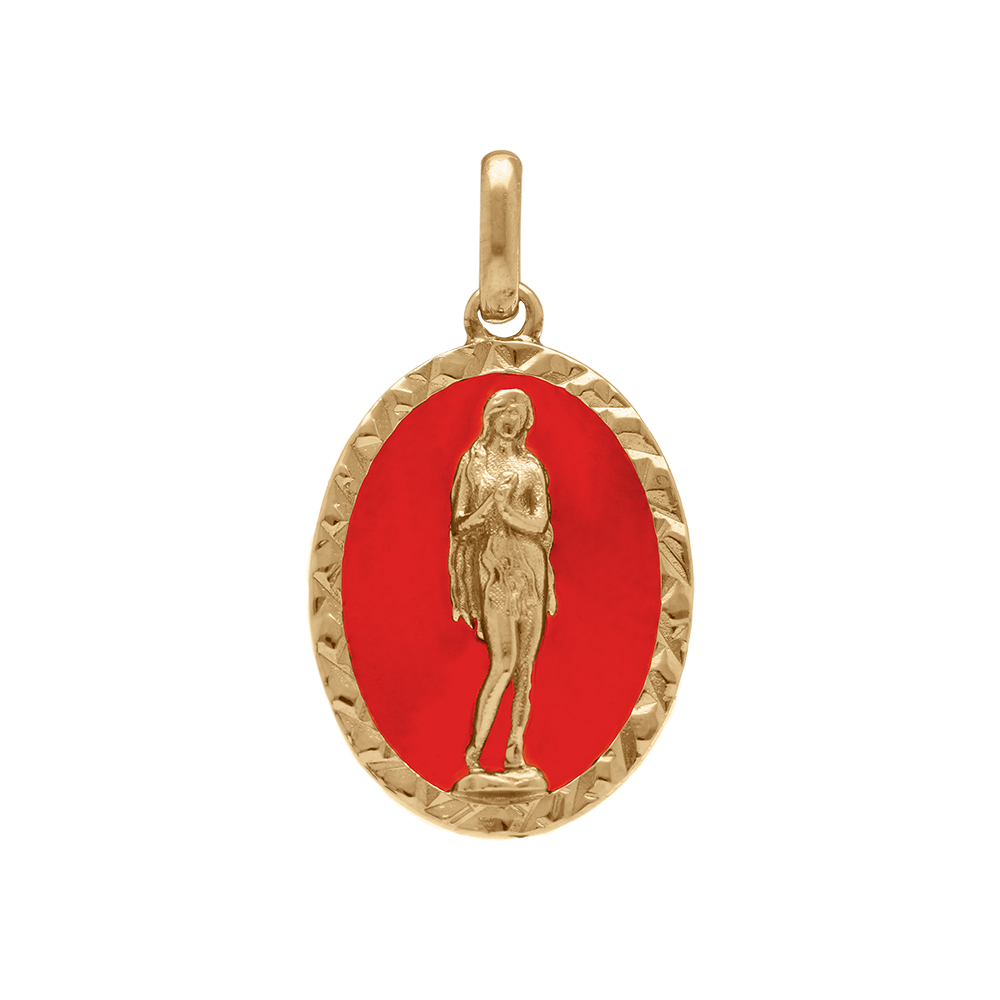 Pendentif en plaqué or ovale marie madeleine 18mm x 13mm sur fond résine rouge