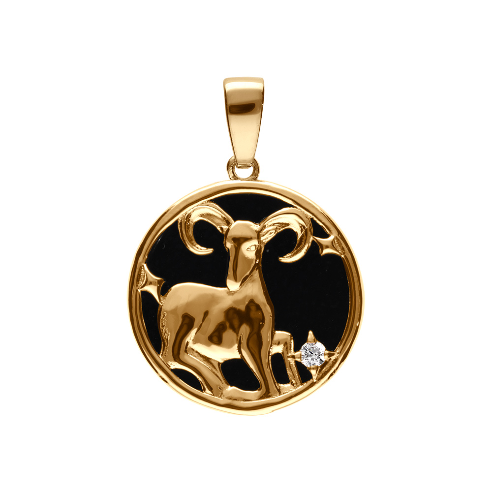 Pendentif en plaqué or médaille 15mm, onyx noir imitation, zodiaque bélier et un oxyde blanc