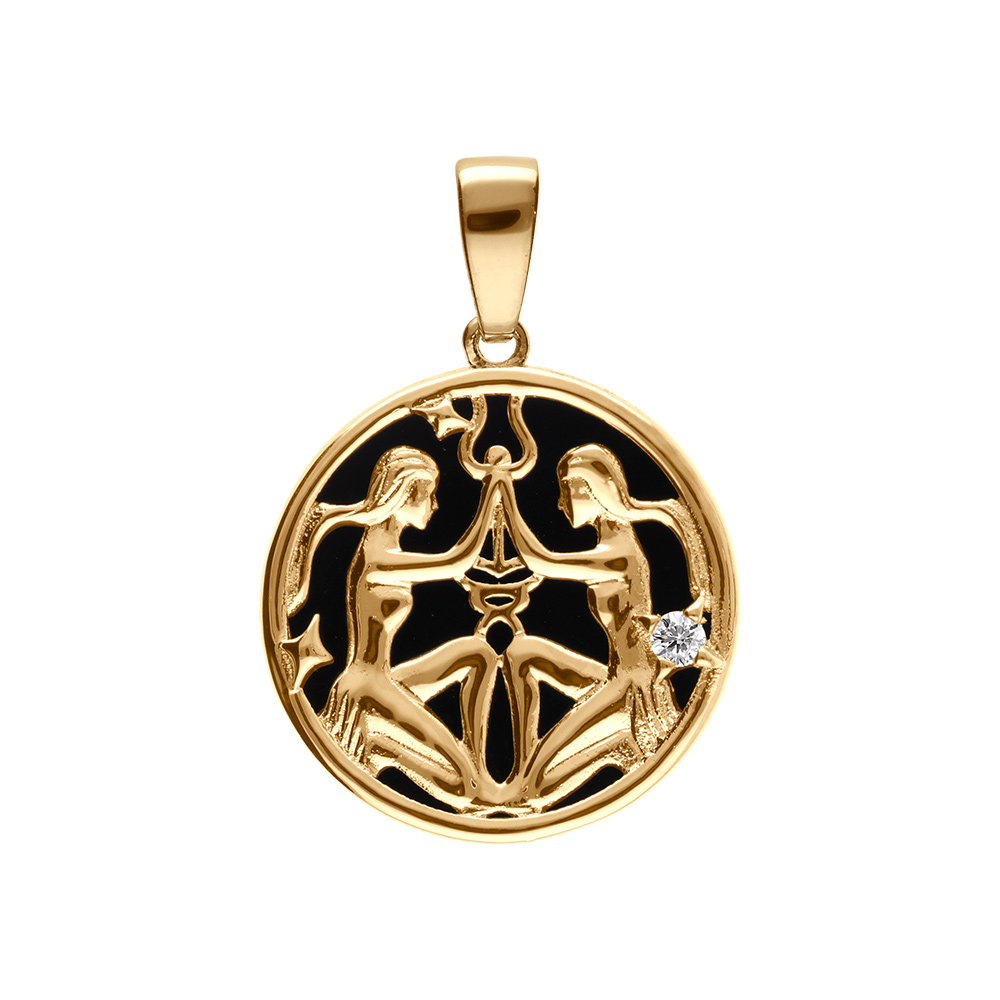 Pendentif enplaqué or médaille 15mm, onyx noir imitation, zodiaque gemeaux et un oxyde blanc