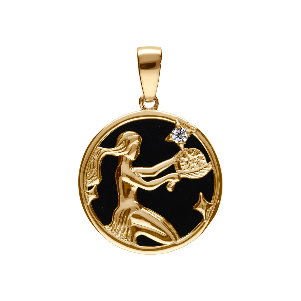 Pendentif en plaqué or médaille 15mm, onyx noir imitation, zodiaque vierge et 1 oxyde blanc