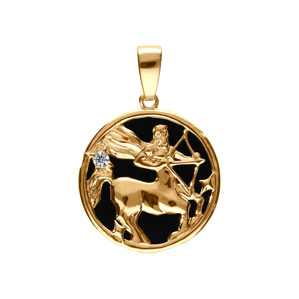 Pendentif en plaqué or médaille 15mm, onyx noir imitation, zodiaque sagittaire et un oxyde blanc