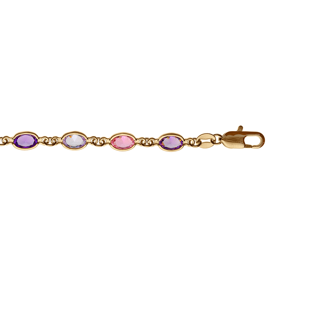 Bracelet en plaqué or alternance d'oxydes roses et violets en forme de navette - longueur 16+3cm