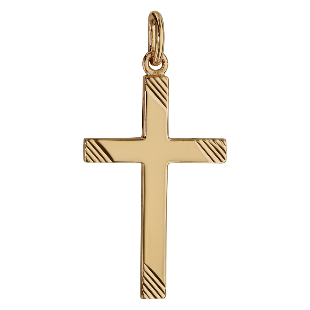 Pendentif croix en plaqué or grand modèle striée