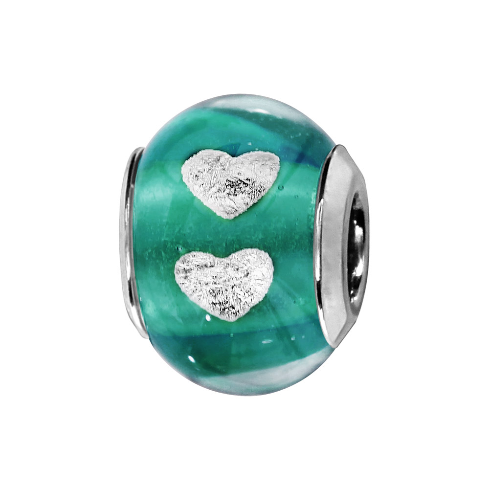 Charms Thabora en argent rhodié et verre de Murano véritable bleu vert avec coeurs argentés