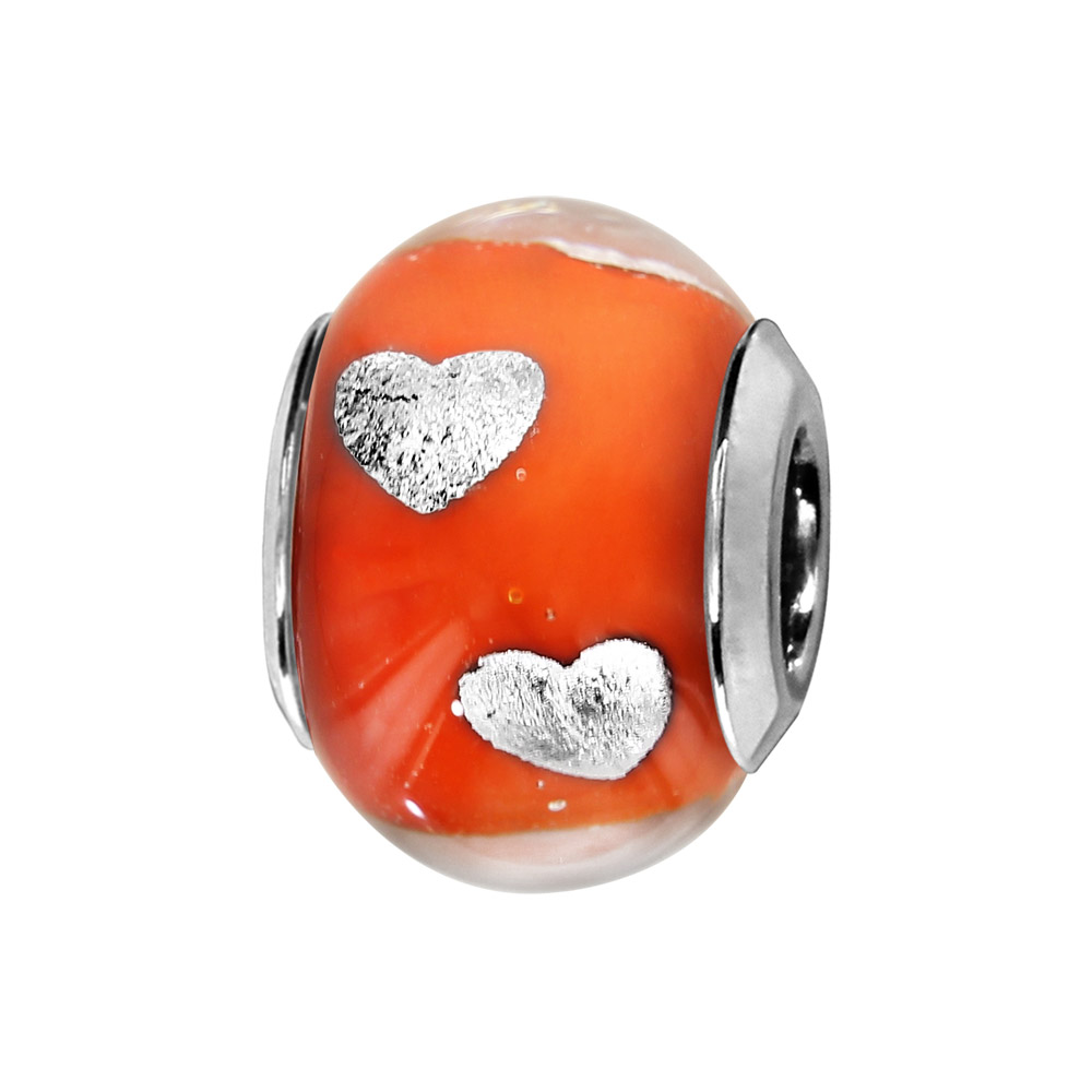 Charms Thabora en argent rhodié et verre de Murano véritable orange avec coeurs argentés