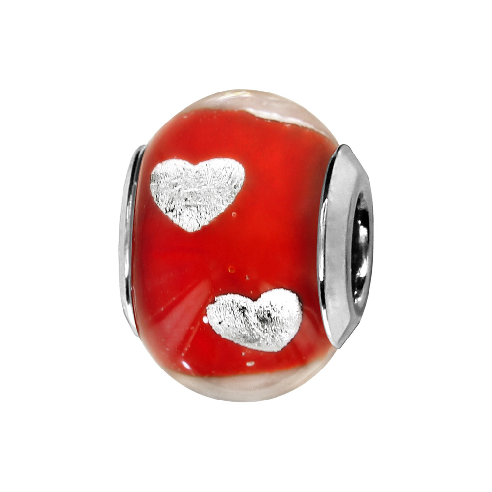 Charms Thabora en argent rhodié et verre de Murano véritable rouge avec coeurs argentés