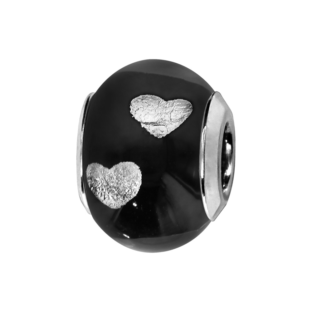 Charms Thabora en argent rhodié et verre de Murano véritable noir avec coeurs argentés