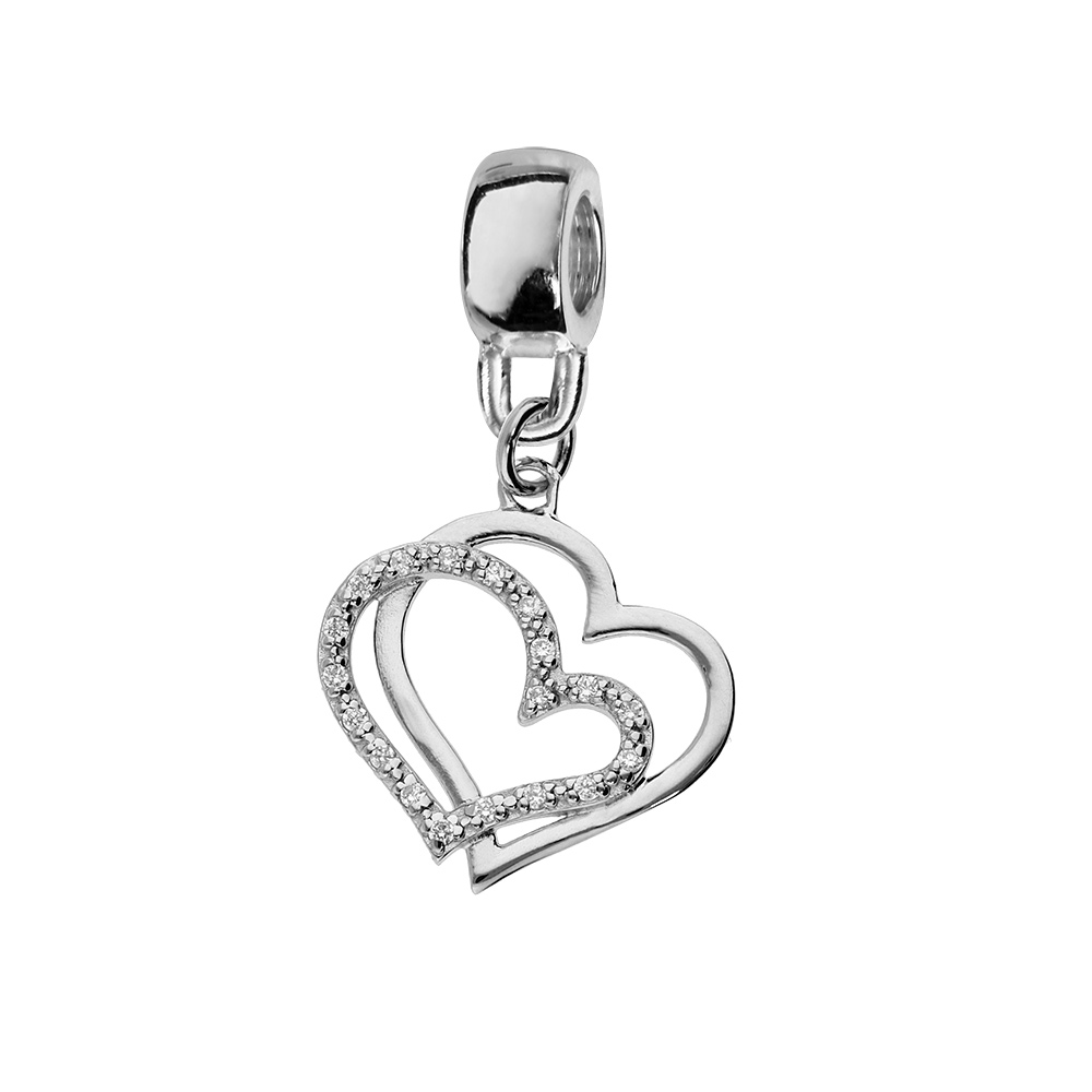 Charms en argent platiné double coeurs suspendu et oxydes blancs sertis Charms en argent platiné double coeurs suspendu et oxydes blancs sertis