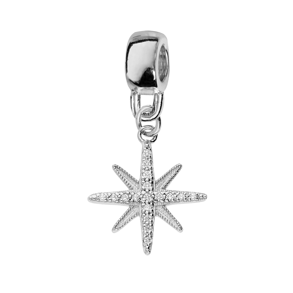 Charms en argent platiné étoile du nord suspendue et oxydes blancs sertis Charms en argent platiné étoile du nord suspendue et oxydes blancs sertis