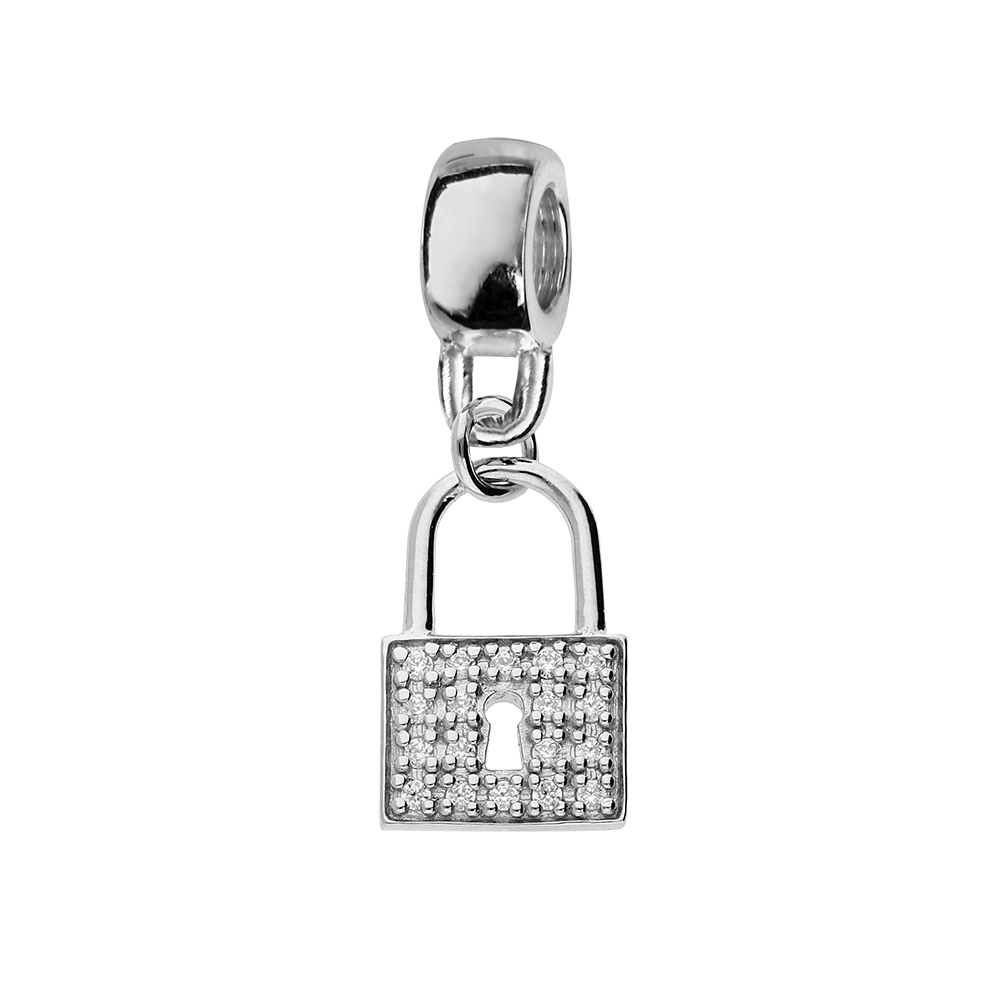 Charms en argent platiné cadenas suspendu et oxydes blancs sertis Charms en argent platiné cadenas suspendu et oxydes blancs sertis