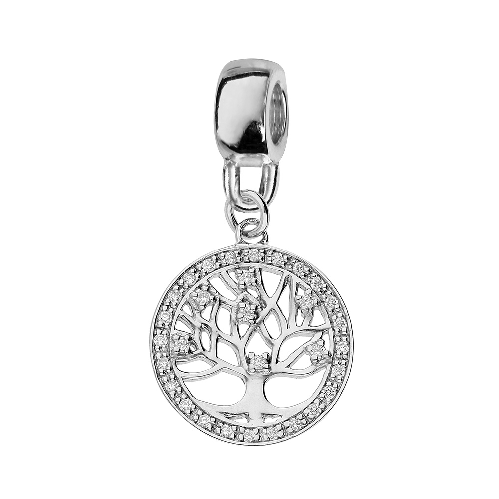 Charms en argent platiné arbre de vie suspendu et oxydes blancs sertis Charms en argent platiné arbre de vie suspendu et oxydes blancs sertis
