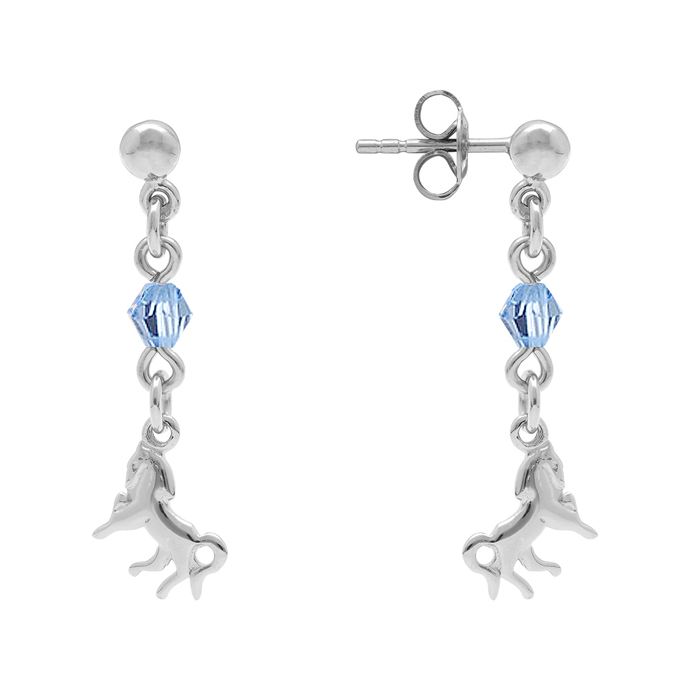 Boucles d\'oreilles pendantes en argent rhodi� cha�nette longue avec oxyde bleu au milieu et cheval � l\'extr�mit� et fermoir clou avec poussette - Vue 2