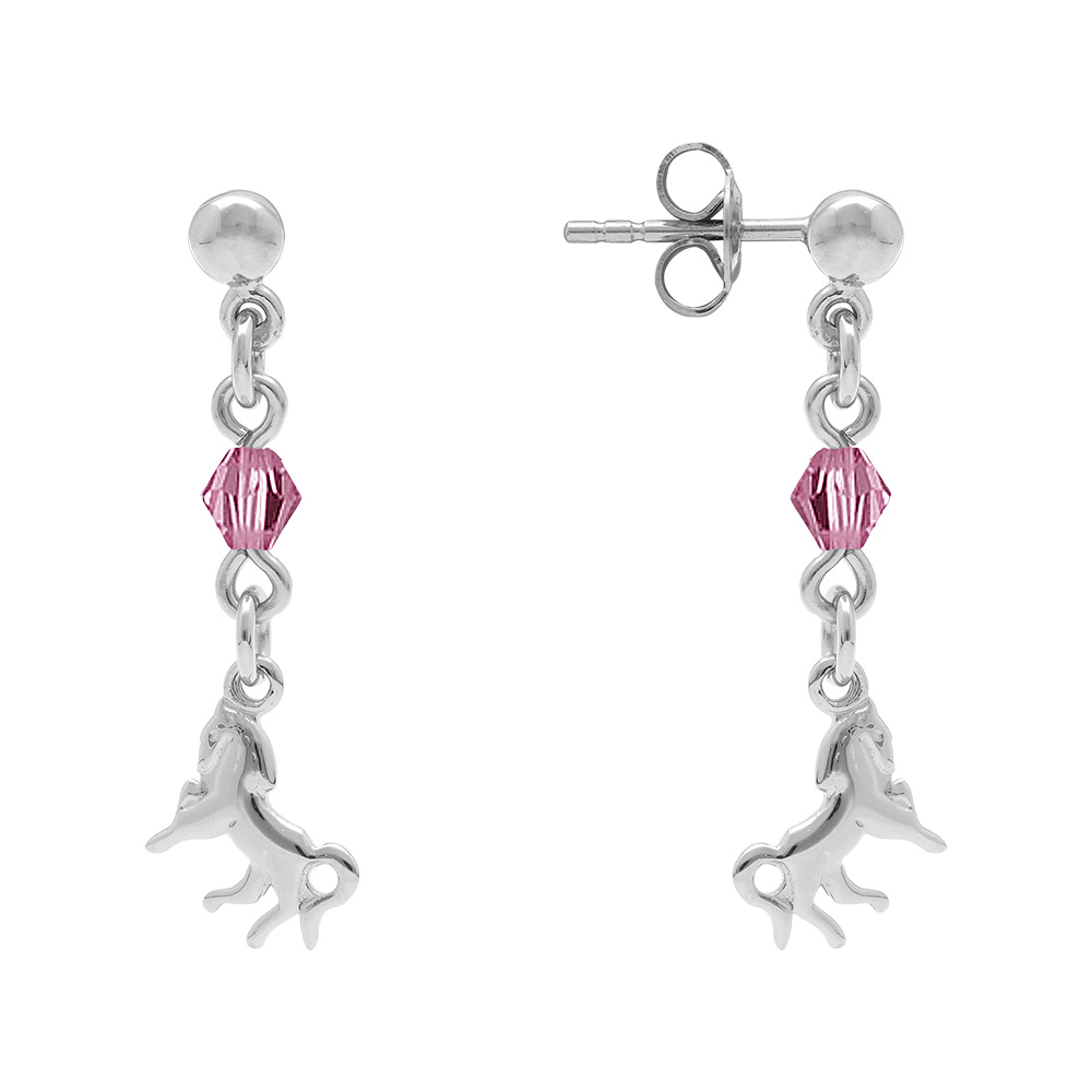 Boucles d\'oreilles pendantes en argent rhodi� cha�nette longue avec oxyde rose au milieu et cheval � l\'extr�mit� et fermoir clou avec poussette - Vue 2