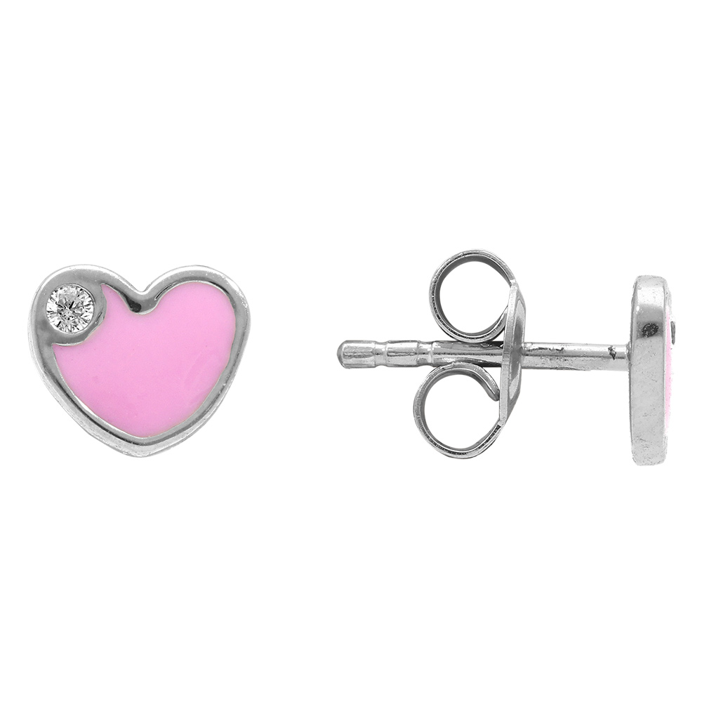 Boucles d\'oreilles pour enfant en argent rhodi� coeur rose avec petit oxyde blanc et fermoir poussette - Vue 2