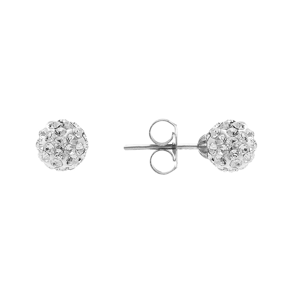 Boucles d\'oreilles en argent rhodi� petite boule de r�sine et strass blancs fermoir poussette - Vue 2