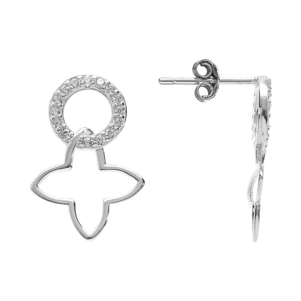 Boucles d\'oreille pendantes tige en argent rhodi� fleur decoup�e lisse et un cercle orn� d\' oxydes blancs sertis - Vue 2