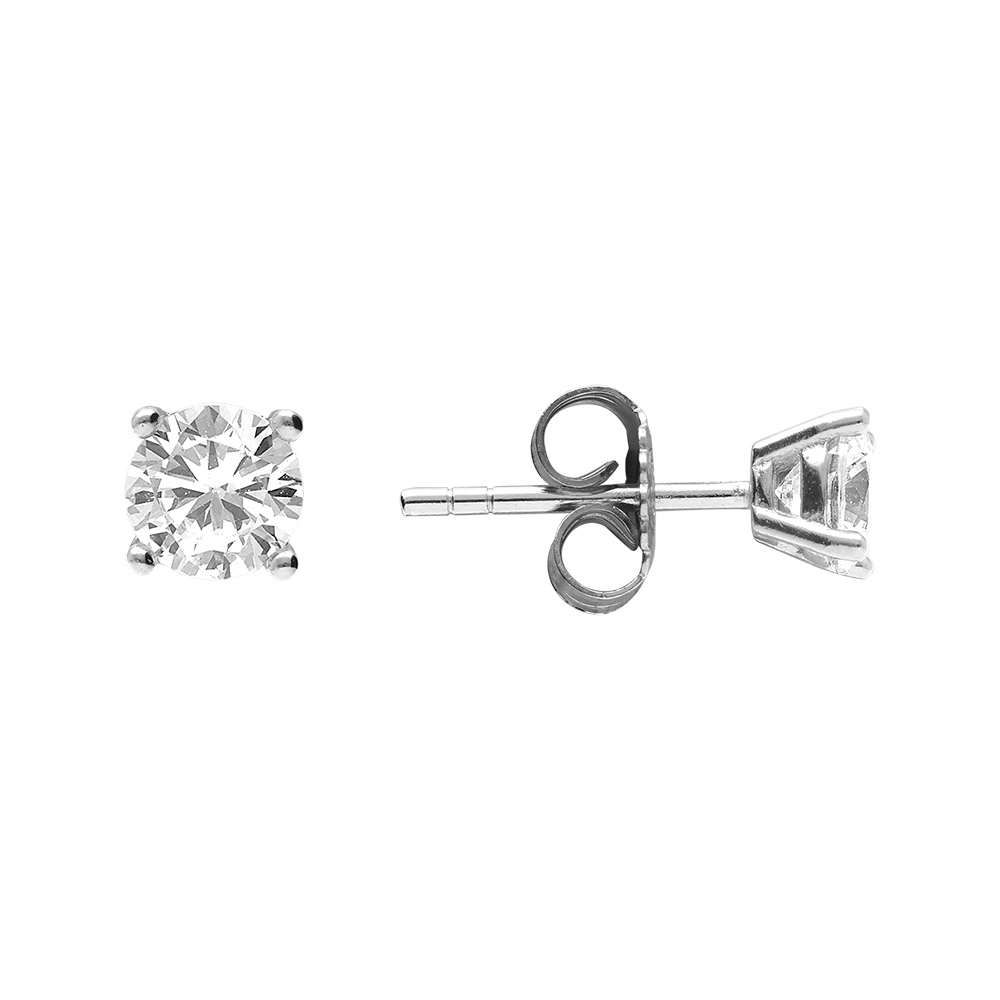 Boucles d\'oreilles tige solitaire en Argent rhodi� oxyde rond blanc de 5mm serti 4 griffes - Vue 2