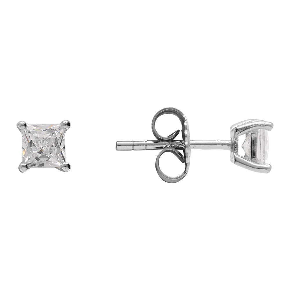Boucles d\'oreille tige solitaire en argent rhodi� pierre blanche carr�e 4mm serti 4 griffes - Vue 2