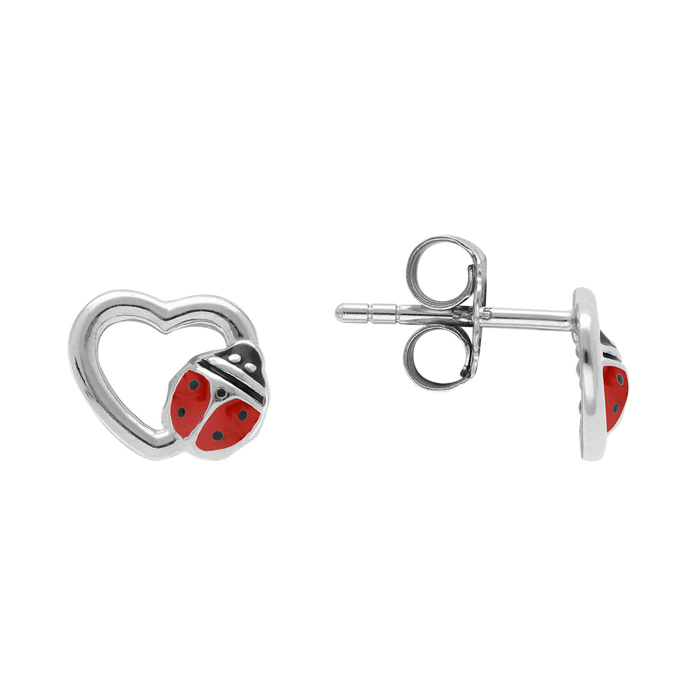 Boucles d\'oreille en argent rhodi� coeur avec coccinelle et fermoir poussette - Vue 2