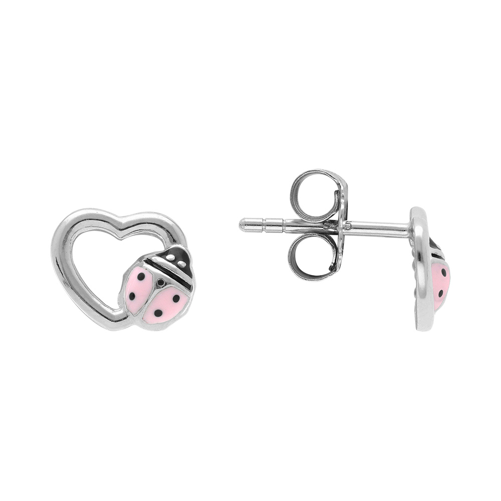 Boucles d\'oreille tige en argent rhodi� coeur avec coccinelle rose - Vue 2