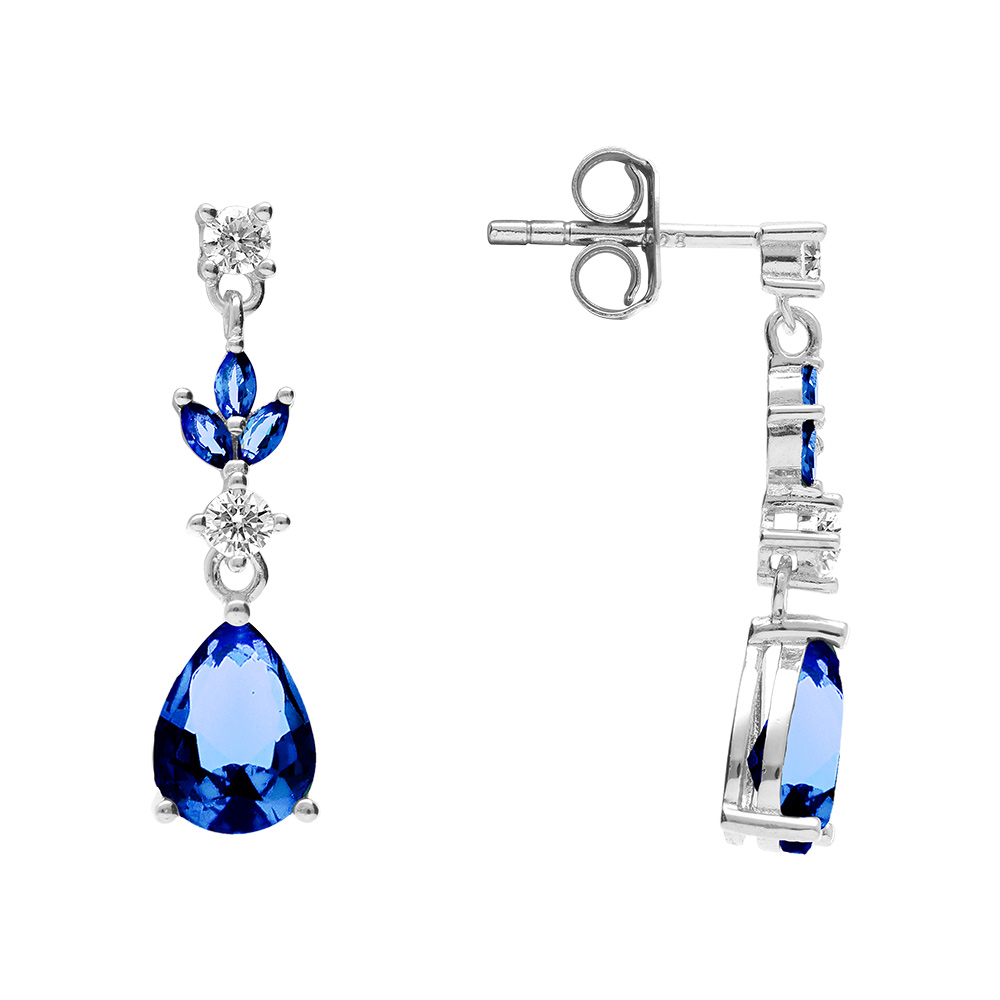Boucles d\'oreille tige en argent rhodi� avec oxydes bleus et blancs - Vue 2