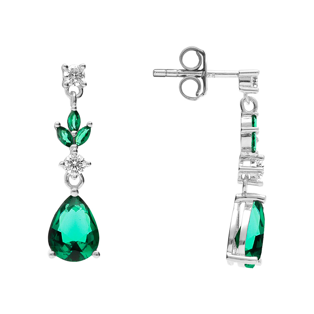 Boucles d\'oreille tige en argent rhodi� avec oxydes verts  et blancs - Vue 2