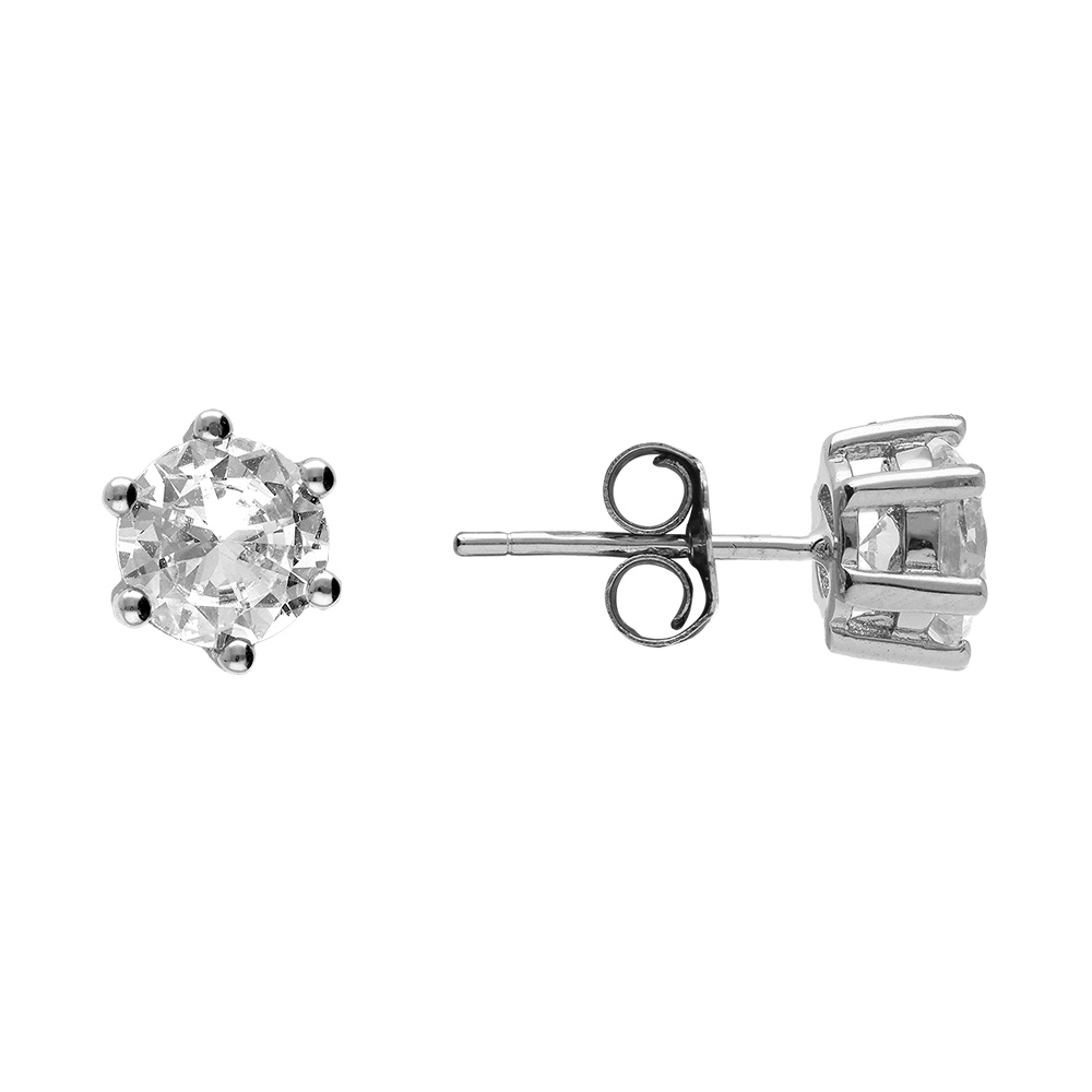 Boucles d\'oreille en argent rhodi� avec oxyde blanc rond 6mm 6 griffes - Vue 2