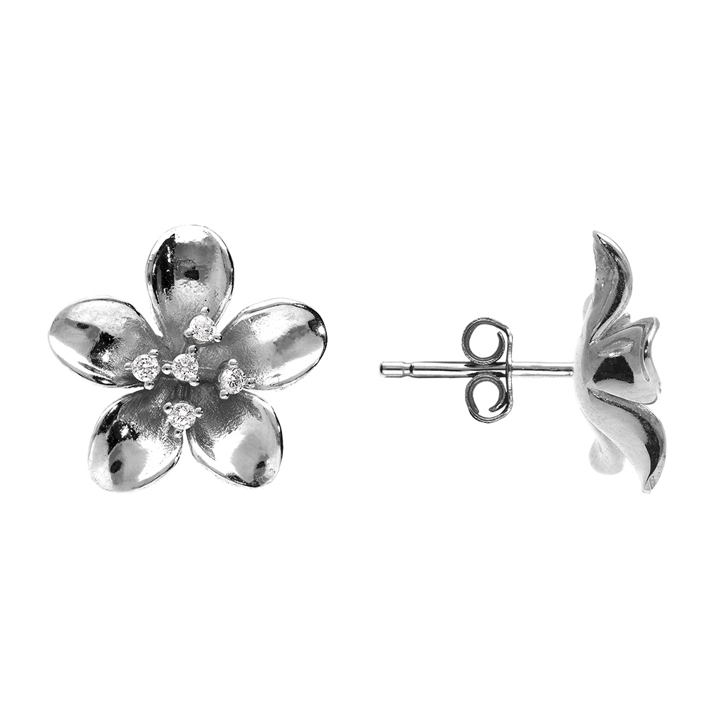 Boucles d\'oreille tige en argent rhodi� fleur et oxydes blancs sertis - Vue 2