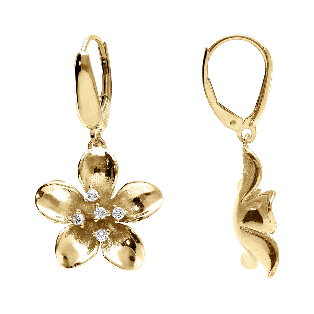 Boucles d\'oreille tige en argent dor� fleur avec oxydes blancs sertis, fermoir dormeuse - Vue 2