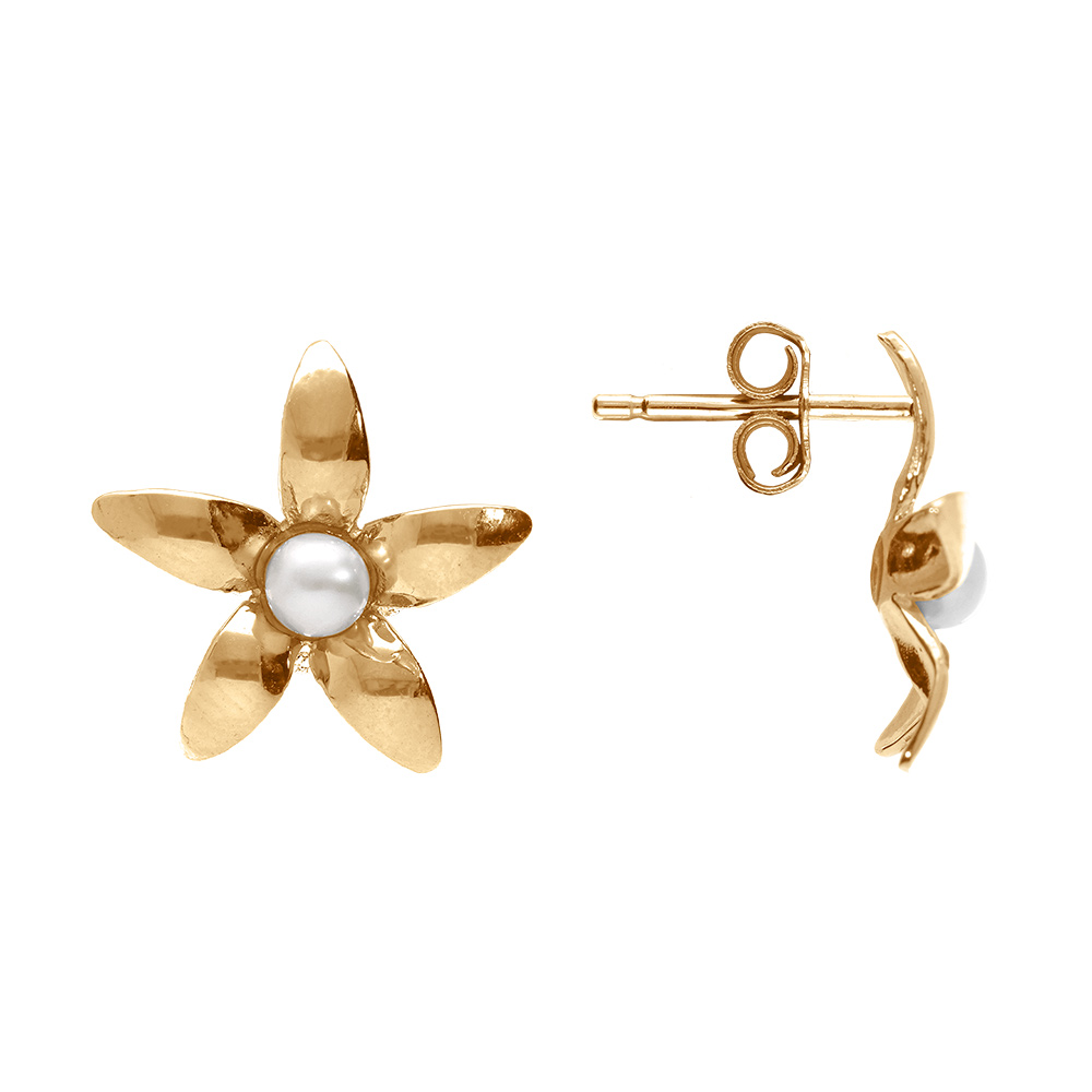 Boucles d\'oreille tige en argent dor� petite fleur et au centre perle blanche imitation - Vue 2