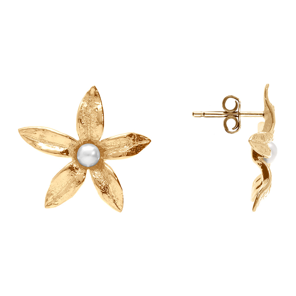 Boucles d\'oreille tige en argent dor� fleur avec au centre une perle blanche imitation - Vue 2