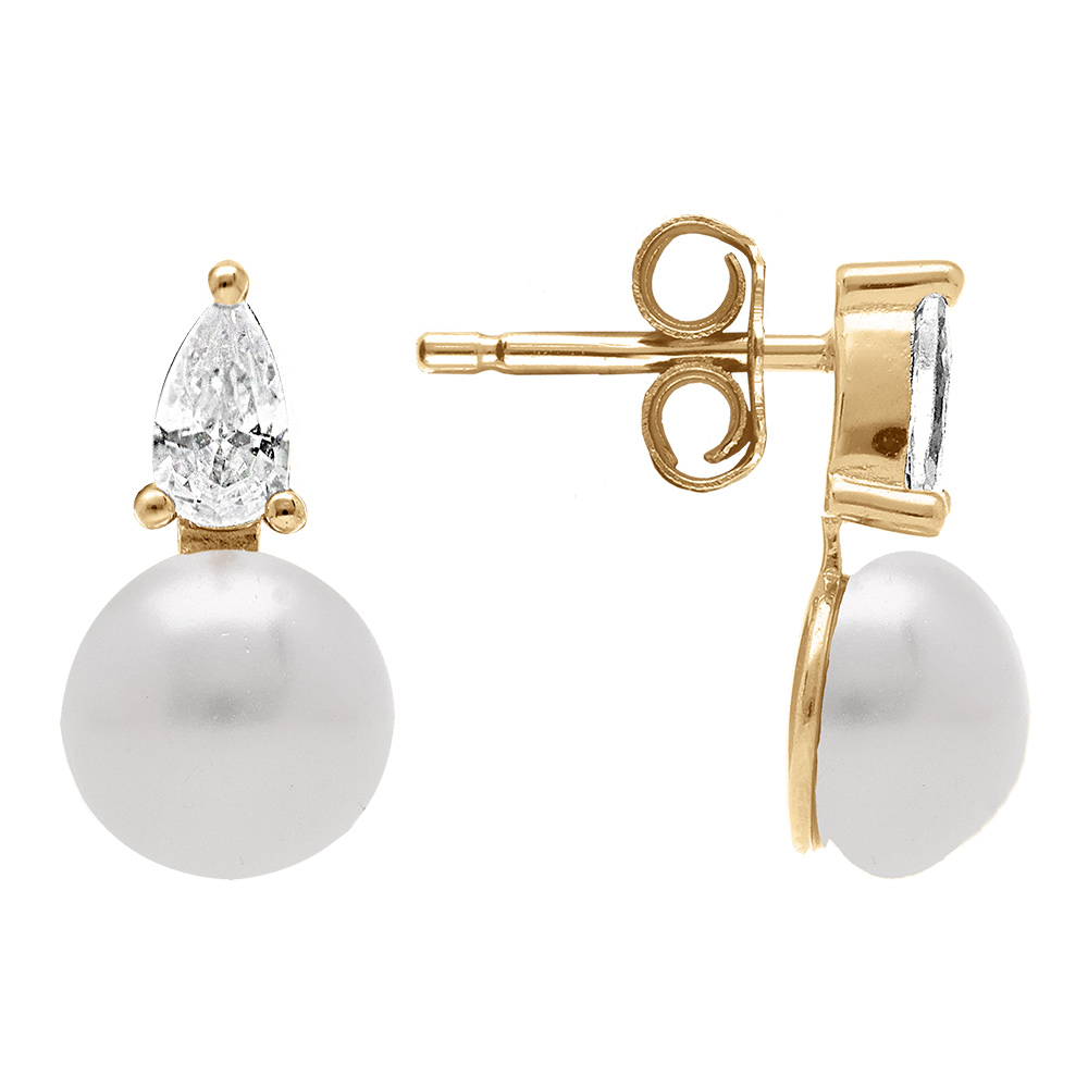 Boucles d\'oreille en argent dor� perle de culture d\'eau douce blanche avec un oxyde blanc - Vue 2