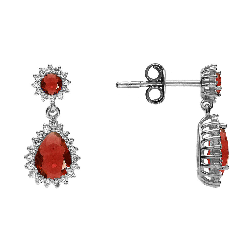 Boucles d\'oreille tige en argent rhodi� pendentif goutte d\'oxydes rouge et contour d\'oxydes blancs sertis - Vue 2