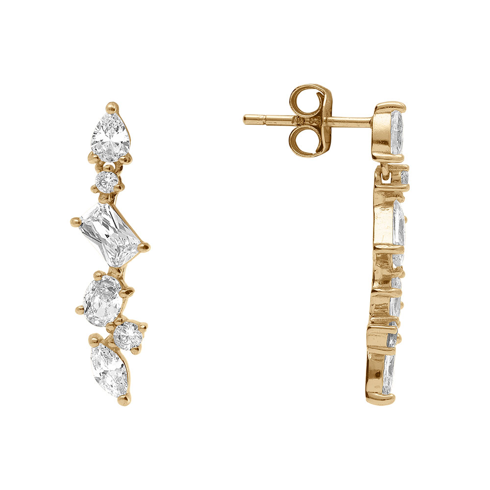 Boucles d\'oreille tige en argent dor pendantes avec quatre oxydes blancs sertis - Vue 2