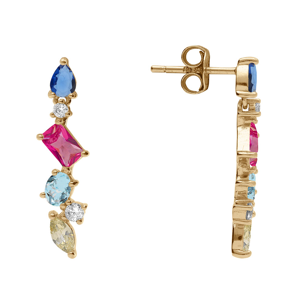 Boucles d\'oreille tige en argent dor pendantes avec quatre oxydes multi couleurs - Vue 2