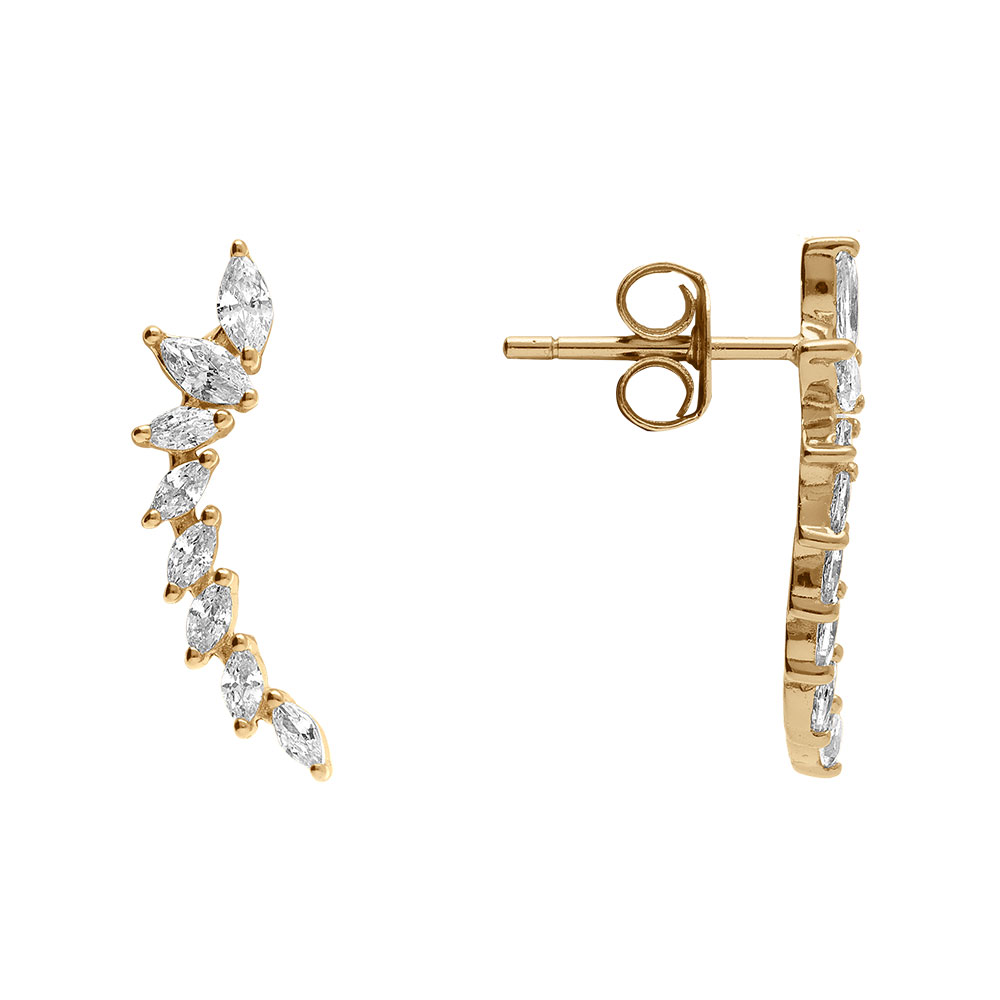 Boucles d\'oreille tige en argent dor pendantes lgrement incurves ornes  d\'oxydes blancs sertis - Vue 2