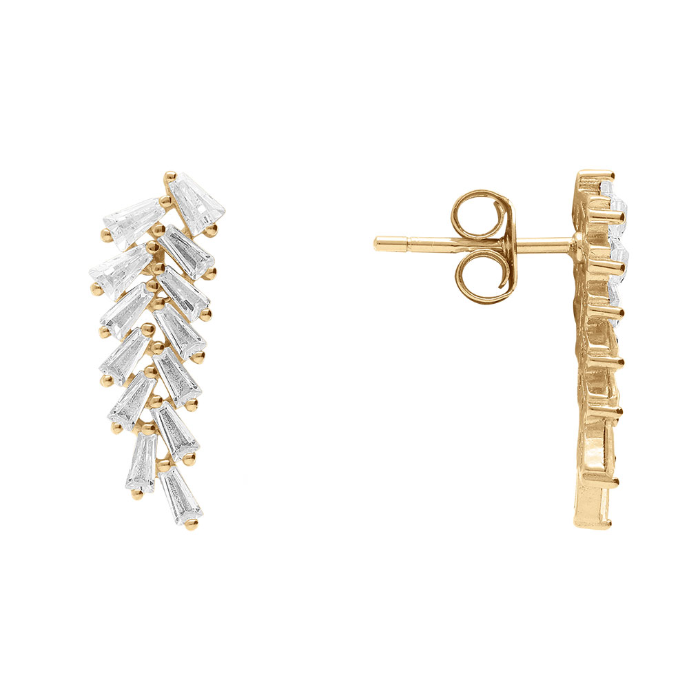 Boucles d\'oreille tige en argent dor� pendantes avec feuillage navettes d\'oxydes blancs sertis - Vue 2