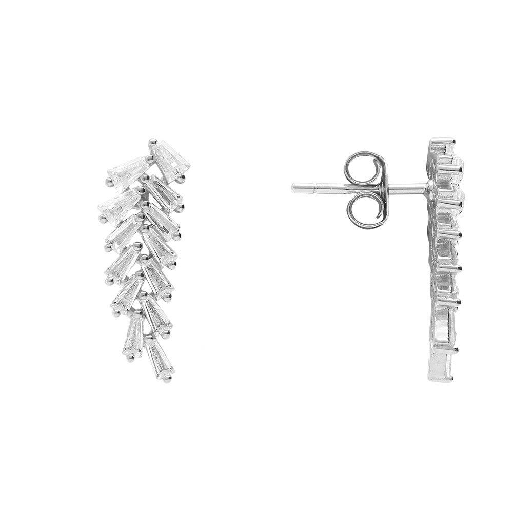 Boucles d\'oreille tige en argent rhodi� pendantes feuillage avec navettes d\'oxydes blancs sertis - Vue 2
