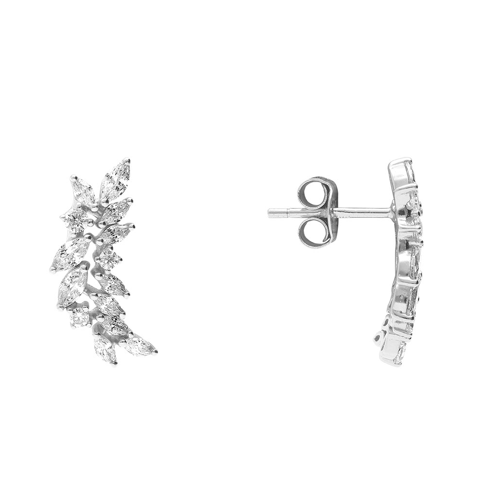 Boucles d\'oreille tige en argent rhodi� pendantes feuillage d\'oxydes blancs sertis - Vue 2