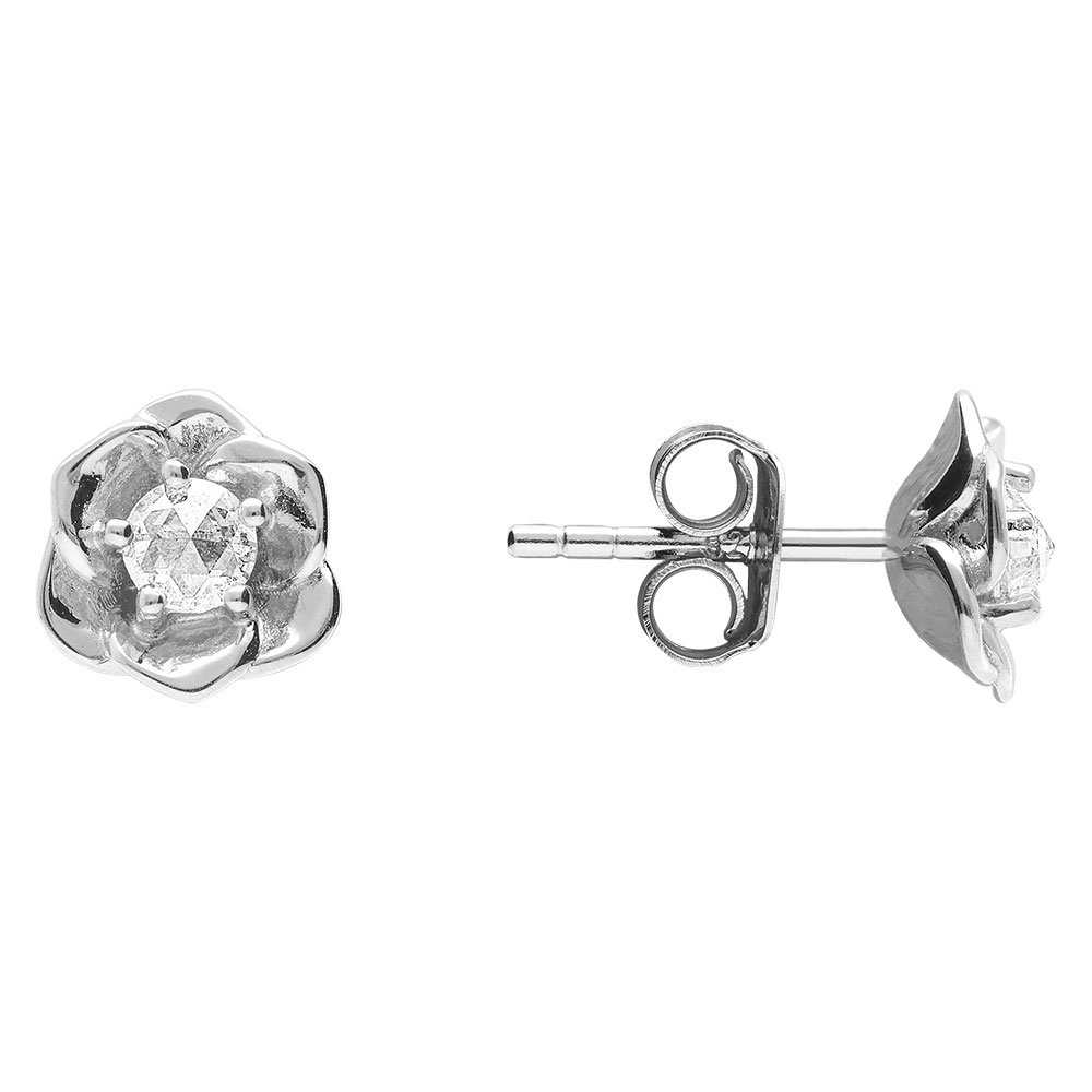 Boucles d\'oreille tige en argent rhodi� motif fleur de 8.2mm d\'oxydes taill�s en rose blanc sertis - Vue 2