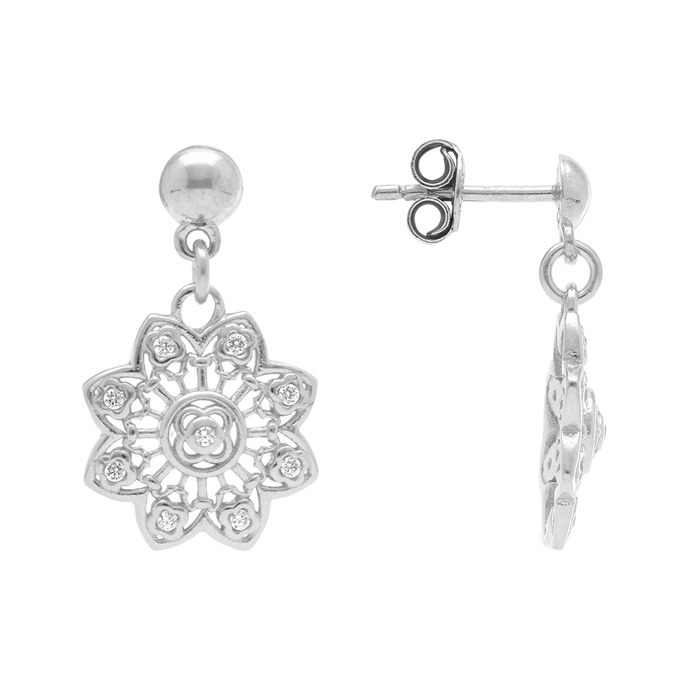 Boucles d\'oreille pendantes tige argent rhodi� forme fleur filigrane avec oxydes blancs sertis - Vue 2