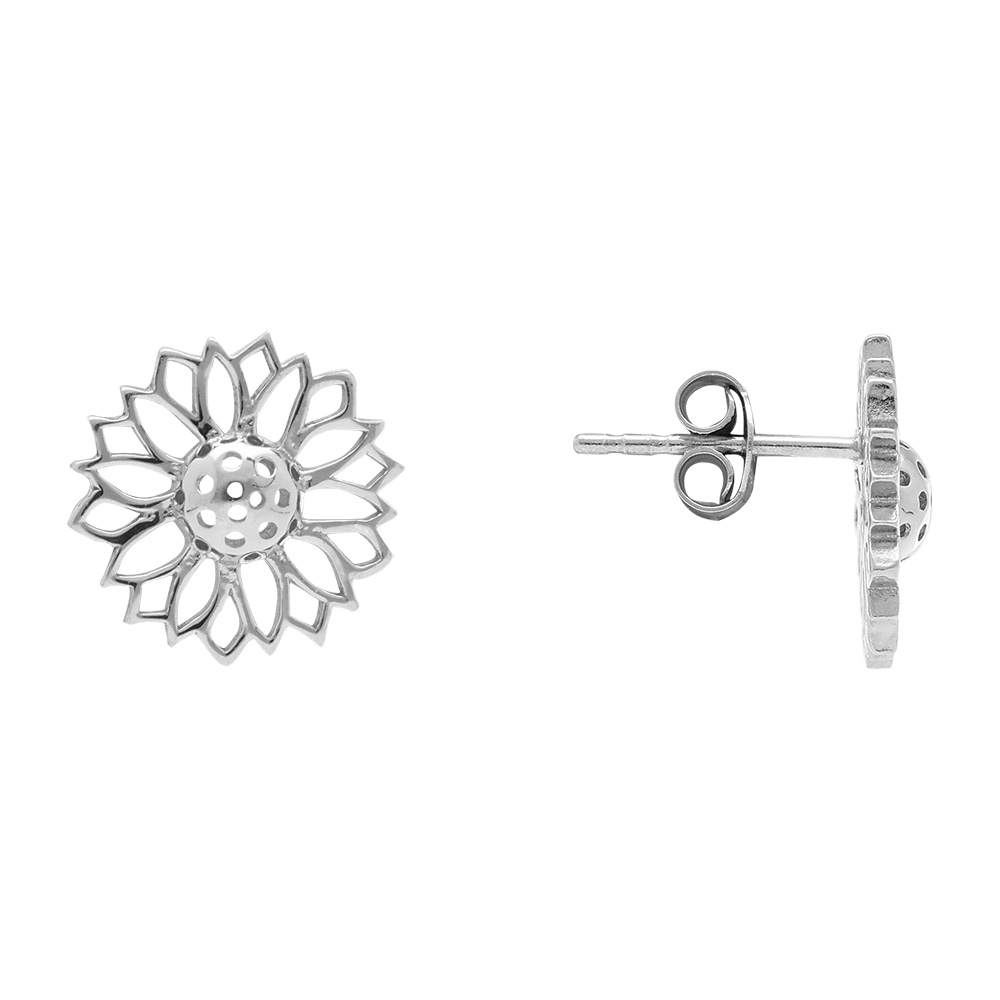 Boucles d\'oreille tige puce en argent rhodi� fleur de tournesol - Vue 2