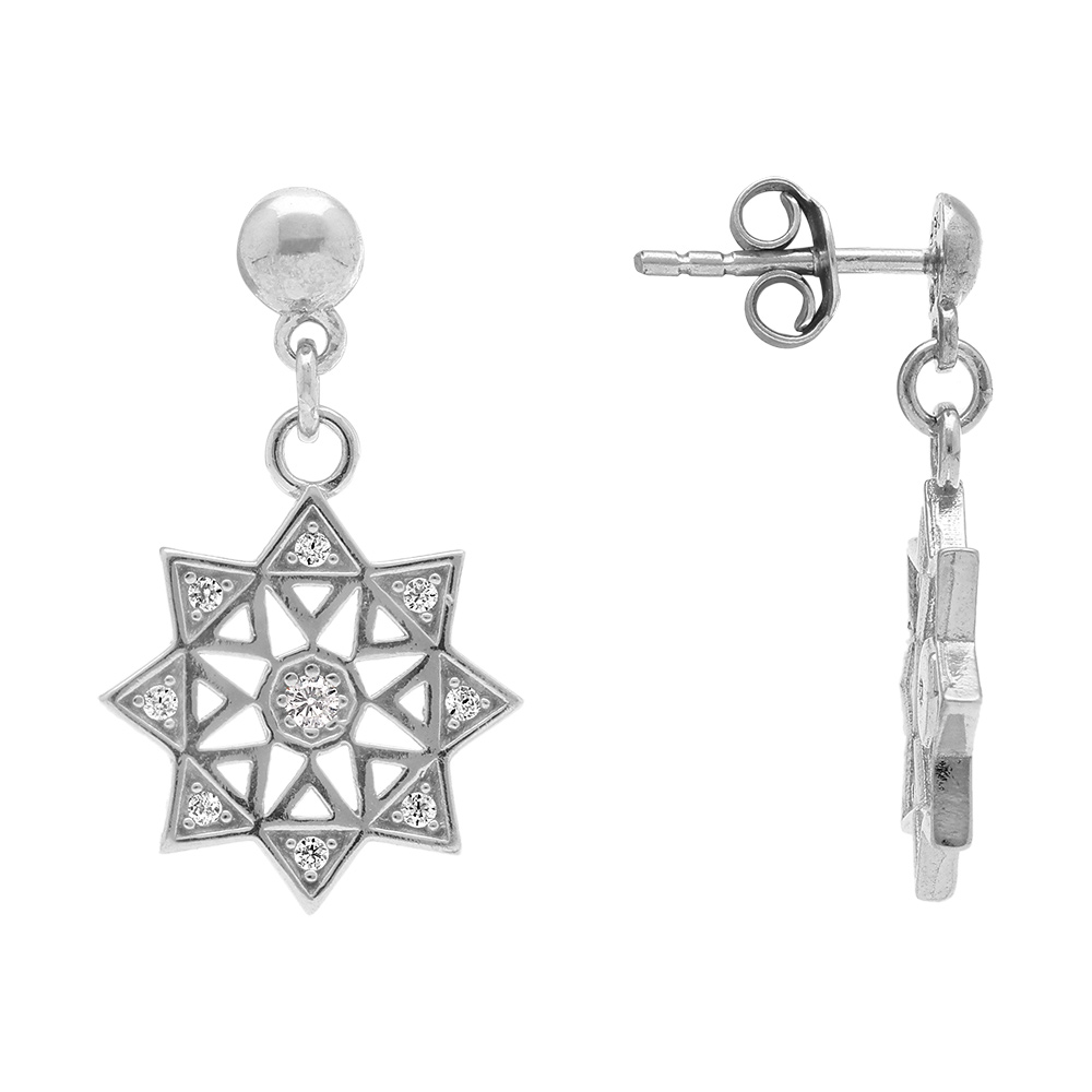 Boucles d\'oreille pendantes tige en argent rhodi�  en forme d\' etoile orn�es d\'oxydes blancs sertis - Vue 2