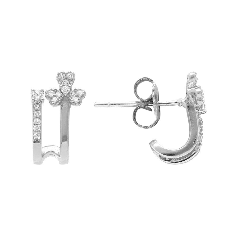 Boucles d\'oreille tige en argent rhodi forme gomtrique avec fleur d\'oxydes blancs sertis - Vue 2