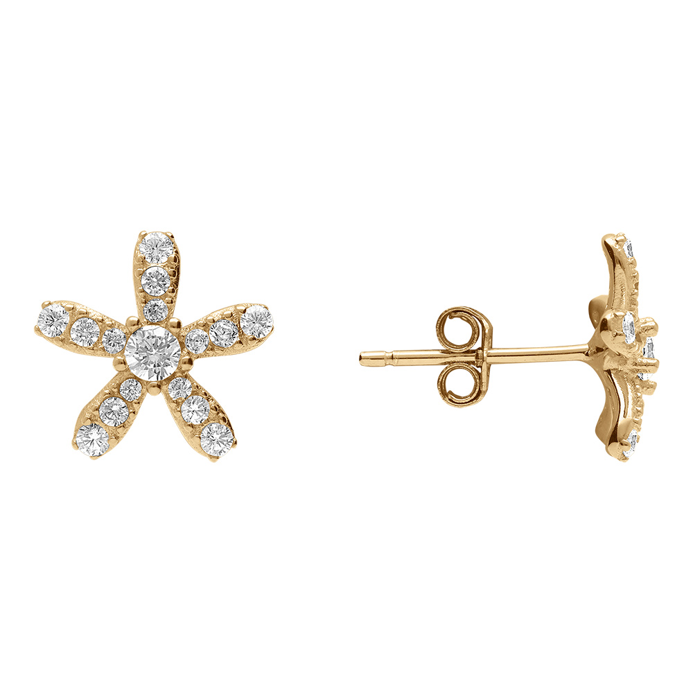 Boucles d\'oreille tige en argent dor� en forme de petites fleurs scintillantes avec oxydes blancs sertis contour dor� - Vue 2