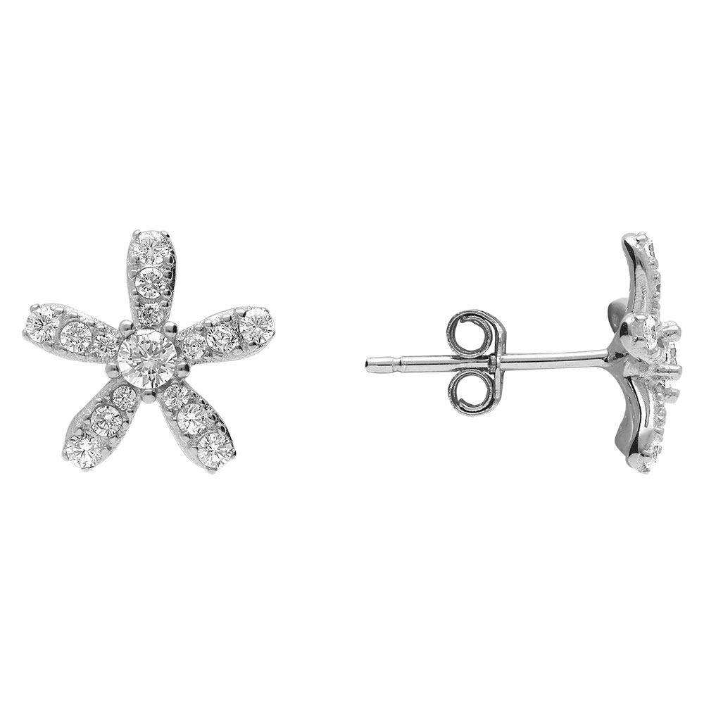 Boucles d\'oreille en argent rhodi motif fleur avec oxydes blancs sertis - Vue 2