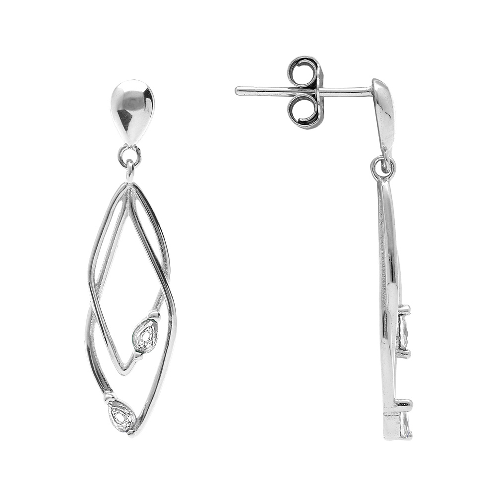Boucles d\'oreille tige en argent rhodi� deux  losanges entrelac�s avec oxydes blancs sertis - Vue 2