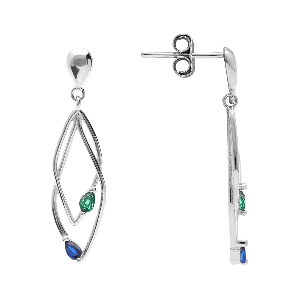 Boucles d\'oreille tige en argent rhodi� deux  losanges entrelac�s avec oxydes bleu et vert serti - Vue 2